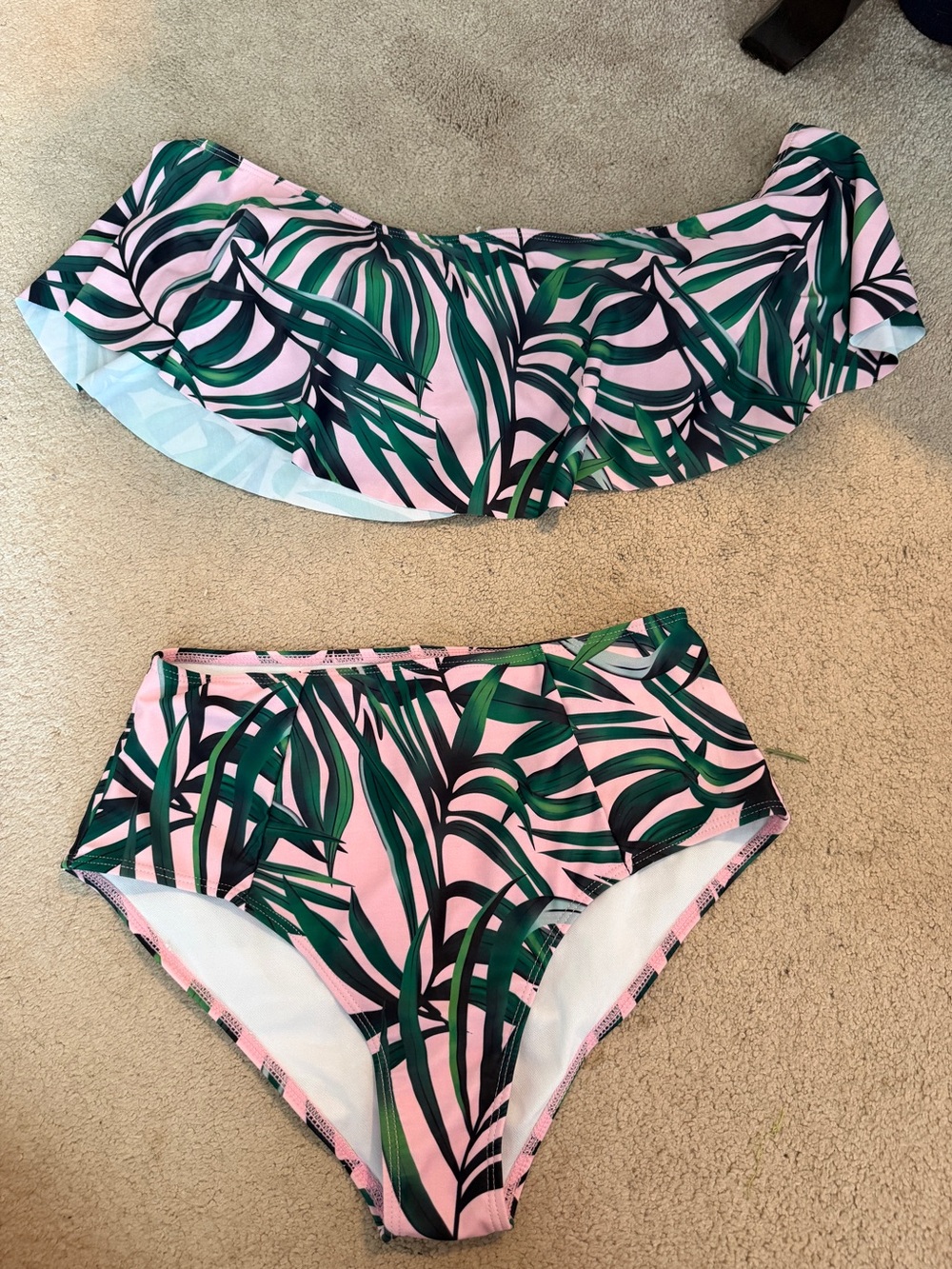 H&M Pink Bikini Set with Green Leaf Print